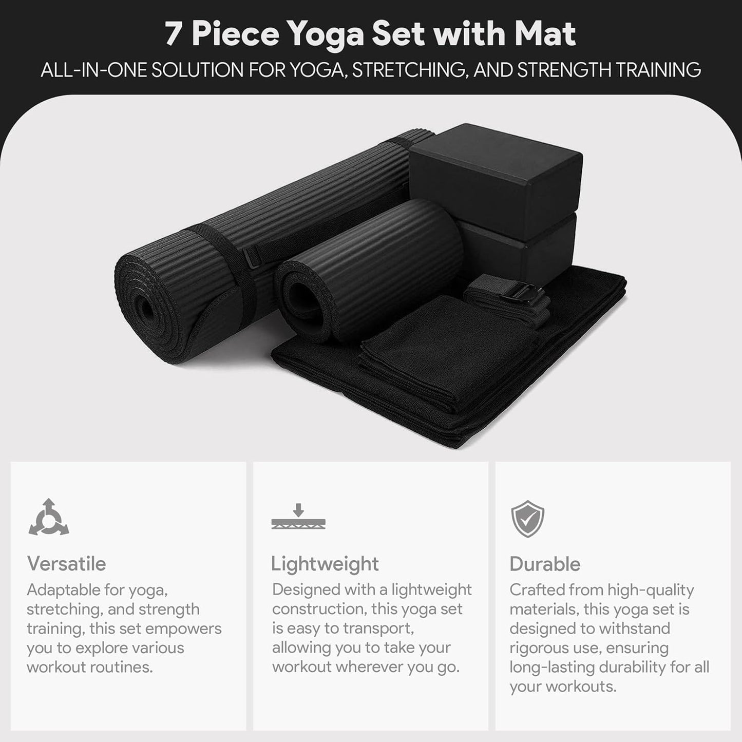 Ultimate 7-Piece Yoga Set: Extra Thick 71"x24" Mat, Blocks, Stretch Strap, Towels & Knee Pad for Home, Studio, and Gym Workouts